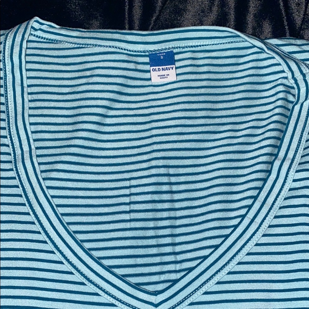 Old Navy Teal Striped V-Neck Shirt